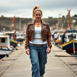 A confident curvy and chubby 40-year-old blonde lady with her hair in a ponytail, dressed in a white crop top and a brown faux leather distressed cropped biker jacket, paired with mid blue wash cargo pocket detail wide leg jeans