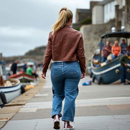 A confident curvy and chubby 40-year-old blonde lady with her hair in a ponytail, dressed in a white crop top and a brown faux leather distressed cropped biker jacket, paired with mid blue wash cargo pocket detail wide leg jeans