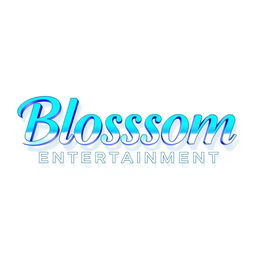 A modern and elegant logo for a Kpop group featuring large, stylish light blue lettering that reads 'Blossom Entertainment'