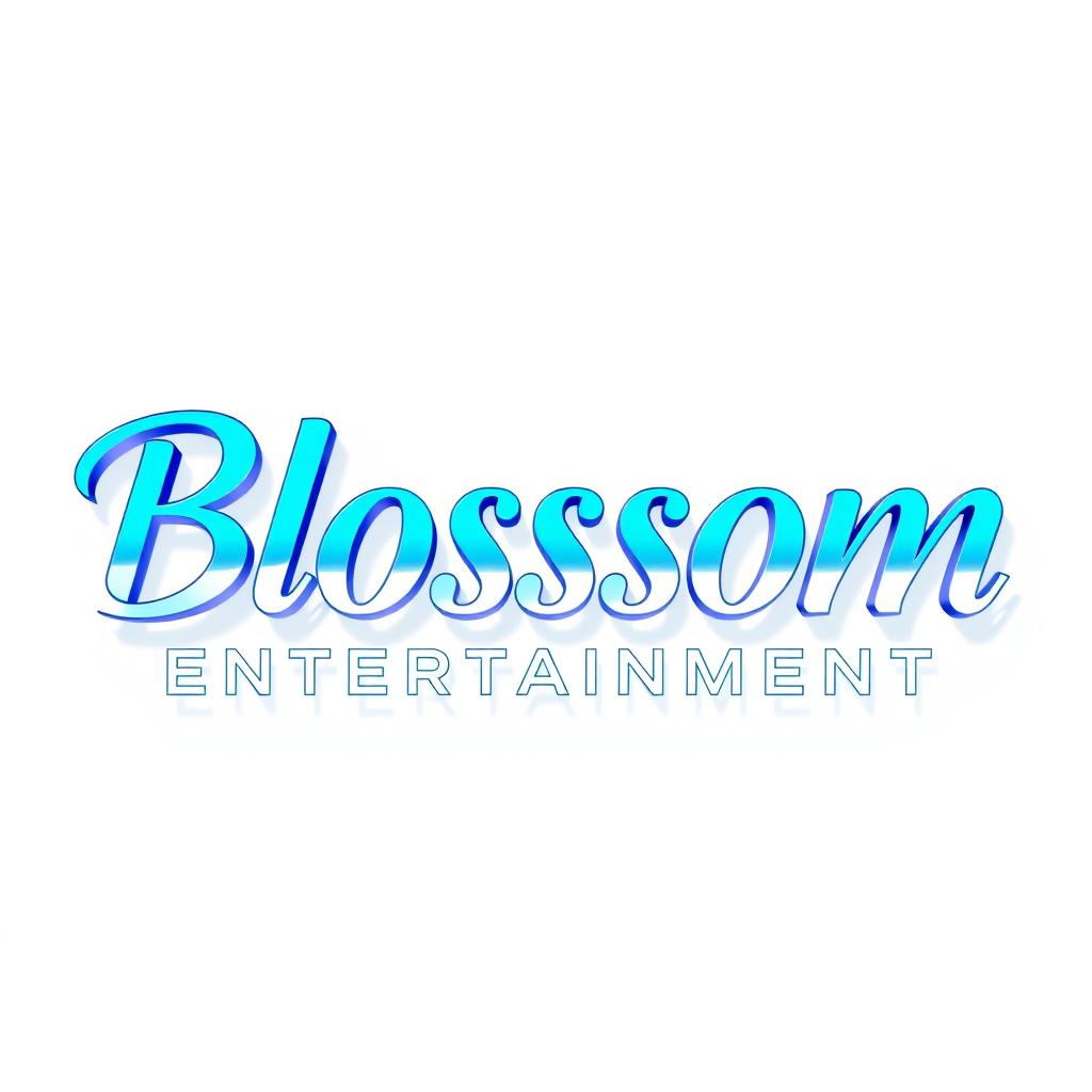 A modern and elegant logo for a Kpop group featuring large, stylish light blue lettering that reads 'Blossom Entertainment'