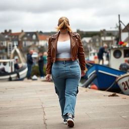 A confident curvy and chubby 40-year-old blonde lady with her hair in a ponytail, dressed in a white crop top and a brown faux leather distressed cropped biker jacket, paired with mid blue wash cargo pocket detail wide leg jeans