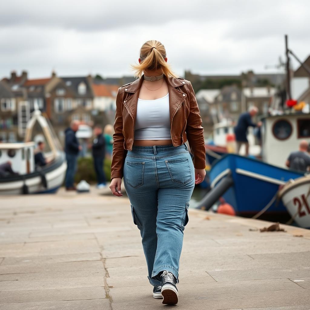 A confident curvy and chubby 40-year-old blonde lady with her hair in a ponytail, dressed in a white crop top and a brown faux leather distressed cropped biker jacket, paired with mid blue wash cargo pocket detail wide leg jeans