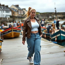 A confident curvy and chubby 40-year-old blonde lady with her hair in a ponytail, dressed in a white crop top and a brown faux leather distressed cropped biker jacket, paired with mid blue wash cargo pocket detail wide leg jeans