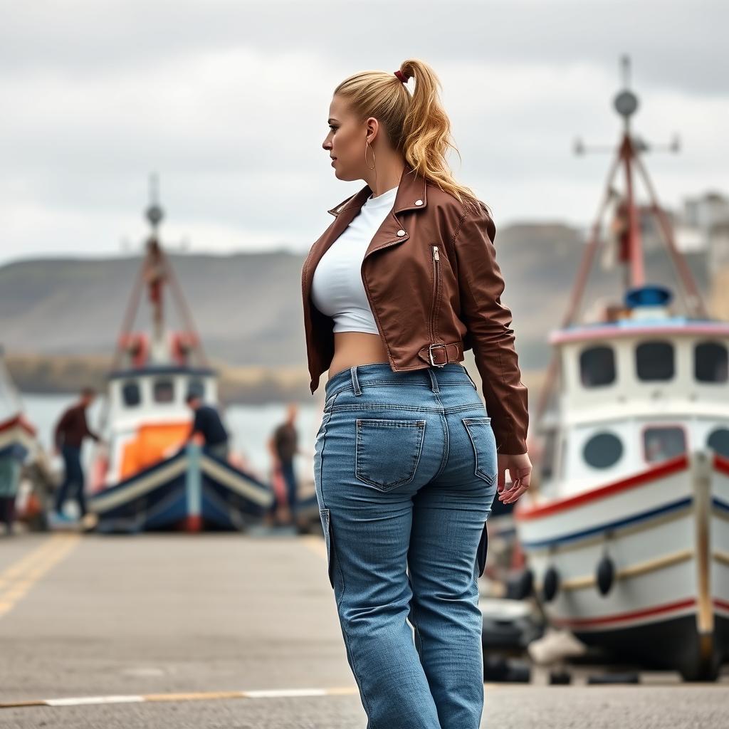 A confident curvy and chubby 40-year-old blonde lady with her hair in a ponytail, dressed in a white crop top and a brown faux leather distressed cropped biker jacket, paired with mid blue wash cargo pocket detail wide leg jeans