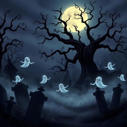 A dark and eerie animated cemetery with a Disney-like artistic style