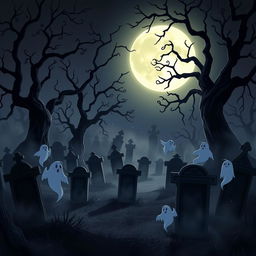 A dark and eerie animated cemetery with a Disney-like artistic style