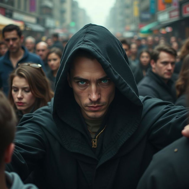 A mysterious man with striking emerald green eyes, wearing a dark, flowing cloak, seamlessly attempting to blend into a dense, bustling crowd