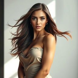 A stunning, alluring woman with flowing hair and a confident pose, showcasing her elegance and charm