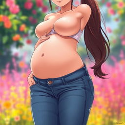 A beautiful anime style pregnant woman with large thighs, a large pregnant belly, and large breasts