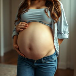 A beautiful pregnant woman with large thighs, a large pregnant belly, and large breasts