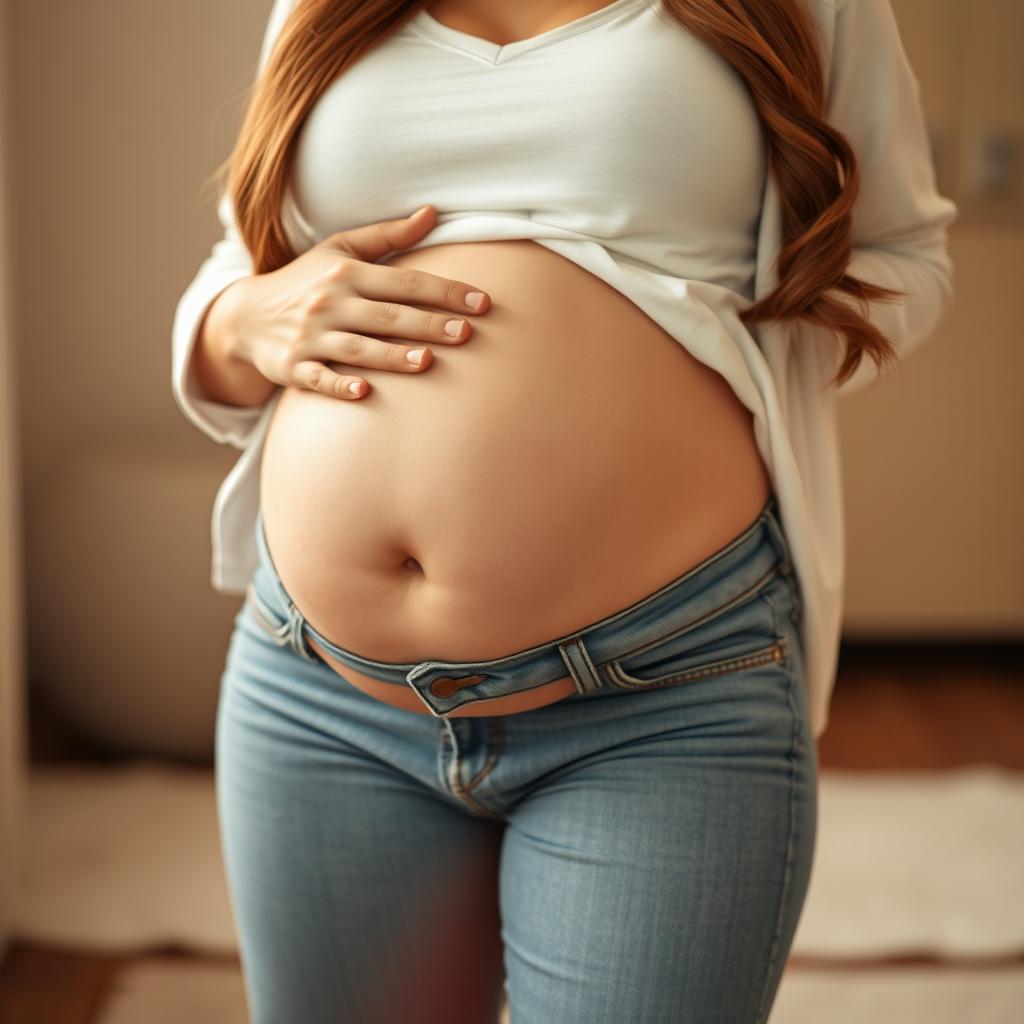 A beautiful pregnant woman with large thighs, a large pregnant belly, and large breasts