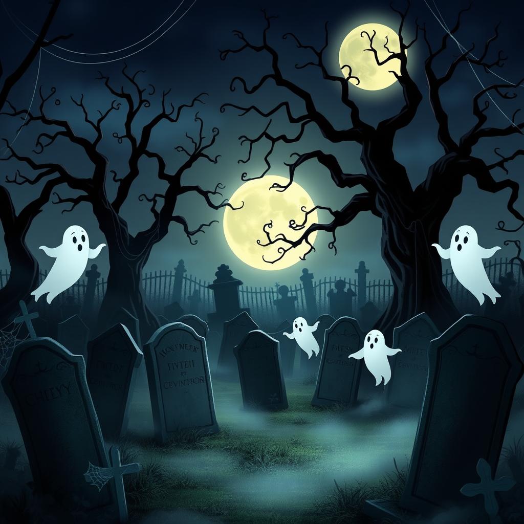 A dark and eerie animated cemetery with a Disney-like artistic style