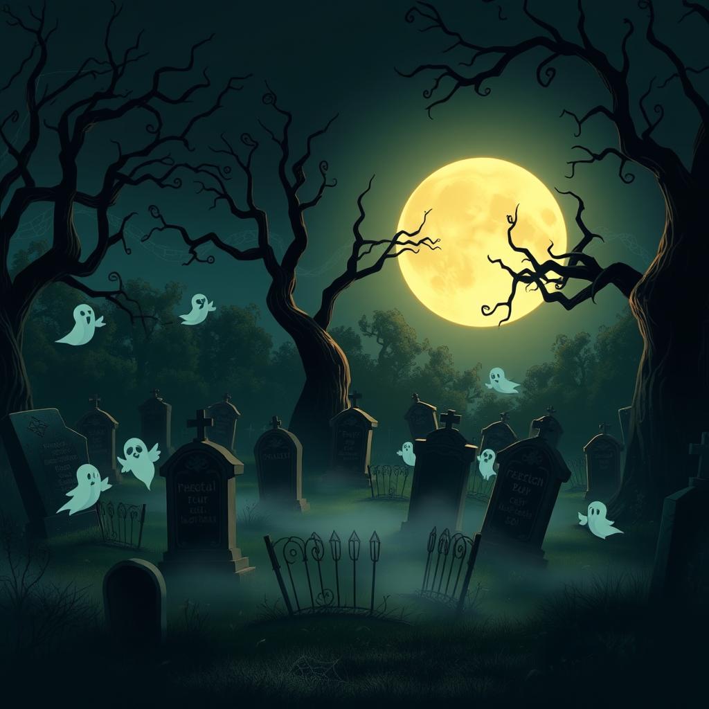 A dark and eerie animated cemetery with a Disney-like artistic style