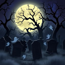 A dark and eerie animated cemetery with a Disney-like artistic style