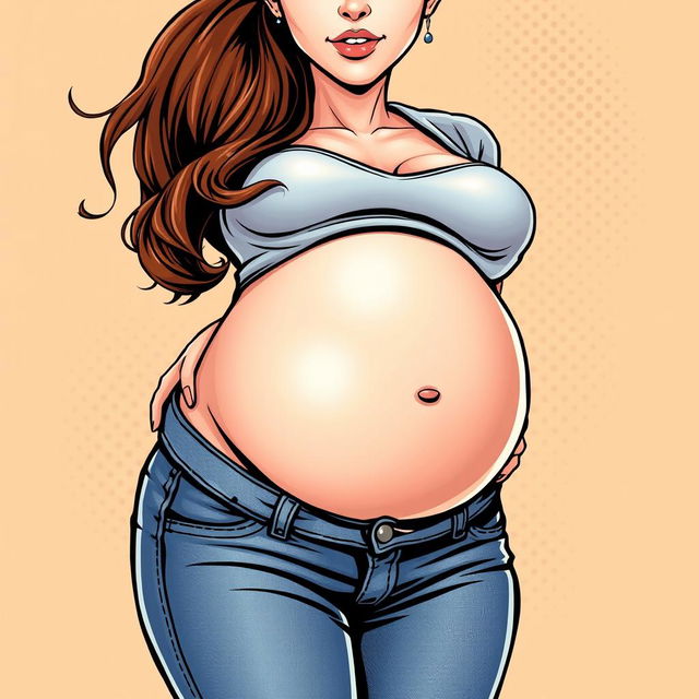 A beautiful comic-style pregnant woman with large thighs, a large pregnant belly, and large breasts