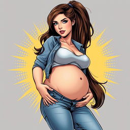 A beautiful comic-style pregnant woman with large thighs, a large pregnant belly, and large breasts