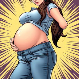 A beautiful comic-style pregnant woman with large thighs, a large pregnant belly, and large breasts