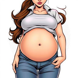 A beautiful comic-style pregnant woman with large thighs, a large pregnant belly, and large breasts