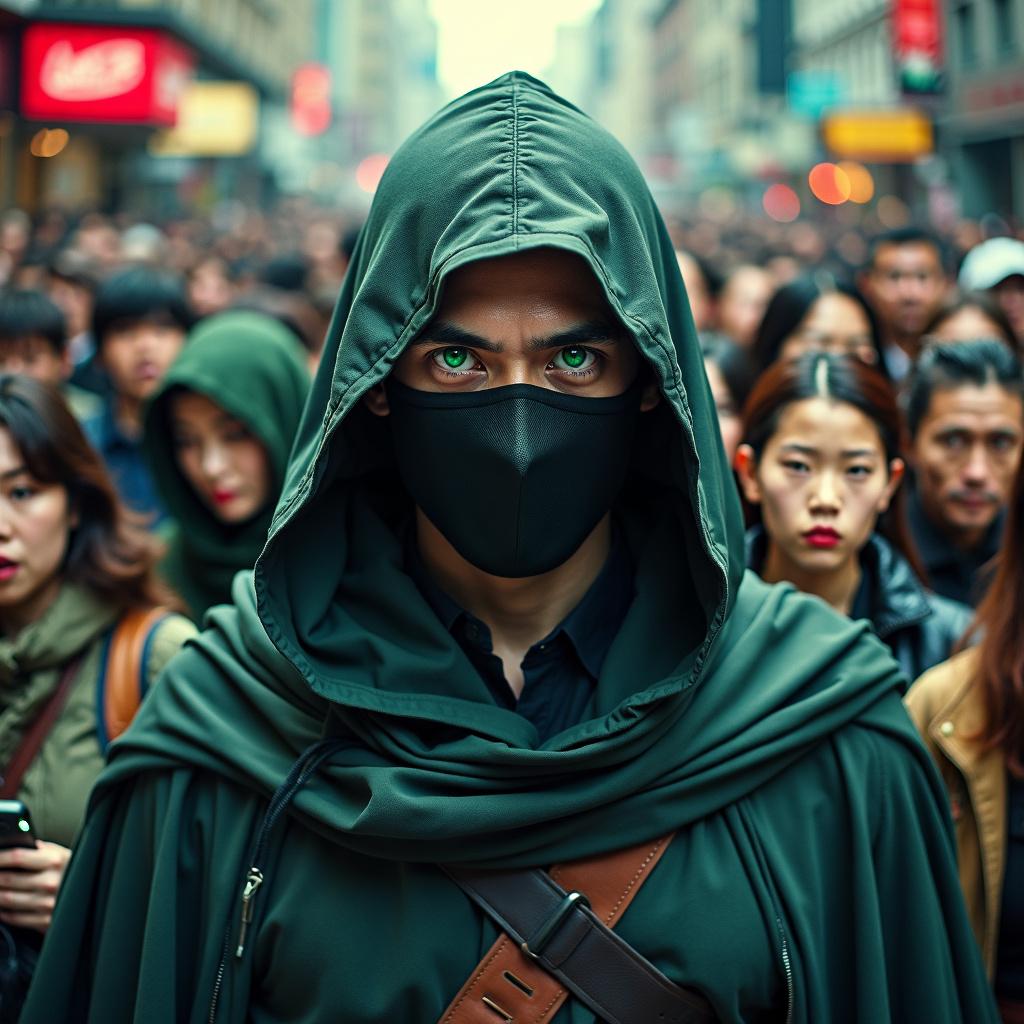 A mysterious man with striking emerald green eyes, wearing a dark, flowing cloak and a protective face mask, seamlessly attempting to blend into a dense, bustling crowd