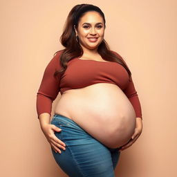 A beautiful, plus-sized pregnant woman with a visible face, large thighs, a large prominent belly, and generous curves