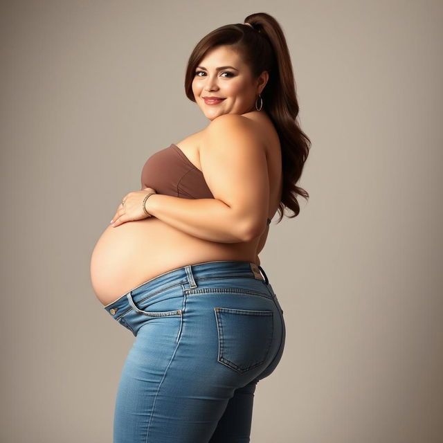 A beautiful, plus-sized pregnant woman with a visible face, large thighs, a large prominent belly, and generous curves