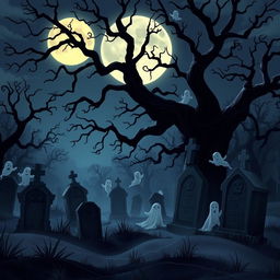 A dark and eerie animated cemetery with a Disney-like artistic style