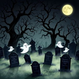 A dark and eerie animated cemetery with a Disney-like artistic style