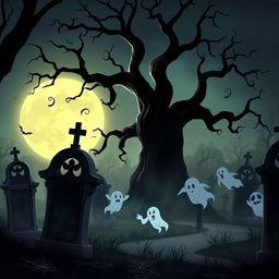 A dark and eerie animated cemetery with a Disney-like artistic style