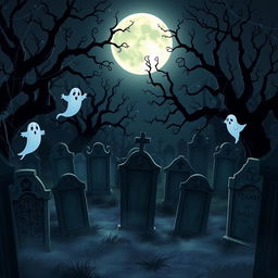 A dark and eerie animated cemetery with a Disney-like artistic style