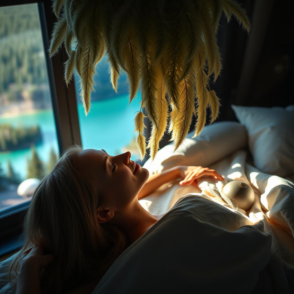 A photorealistic close-up portrait of a young European woman with long, light hair lying on her back in a bed, romantically smiling as she looks at a panoramic window