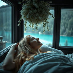 A photorealistic close-up portrait of a young European woman with long, light hair lying on her back in a bed, romantically smiling as she looks at a panoramic window