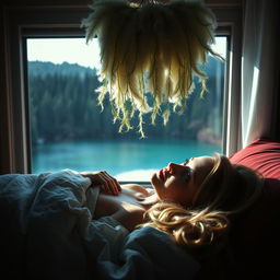 A photorealistic close-up portrait of a young European woman with long, light hair lying on her back in a bed, romantically smiling as she looks at a panoramic window