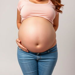 A front-facing view of a beautiful, plus-sized pregnant woman with a large pregnant belly, large thighs, and large breasts