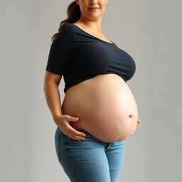 A front-facing view of a beautiful, plus-sized pregnant woman with a large pregnant belly, large thighs, and large breasts