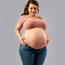 A front-facing view of a beautiful, plus-sized pregnant woman with a large pregnant belly, large thighs, and large breasts