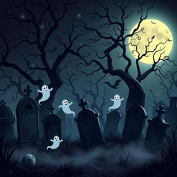 A dark and eerie animated cemetery with a Disney-like artistic style