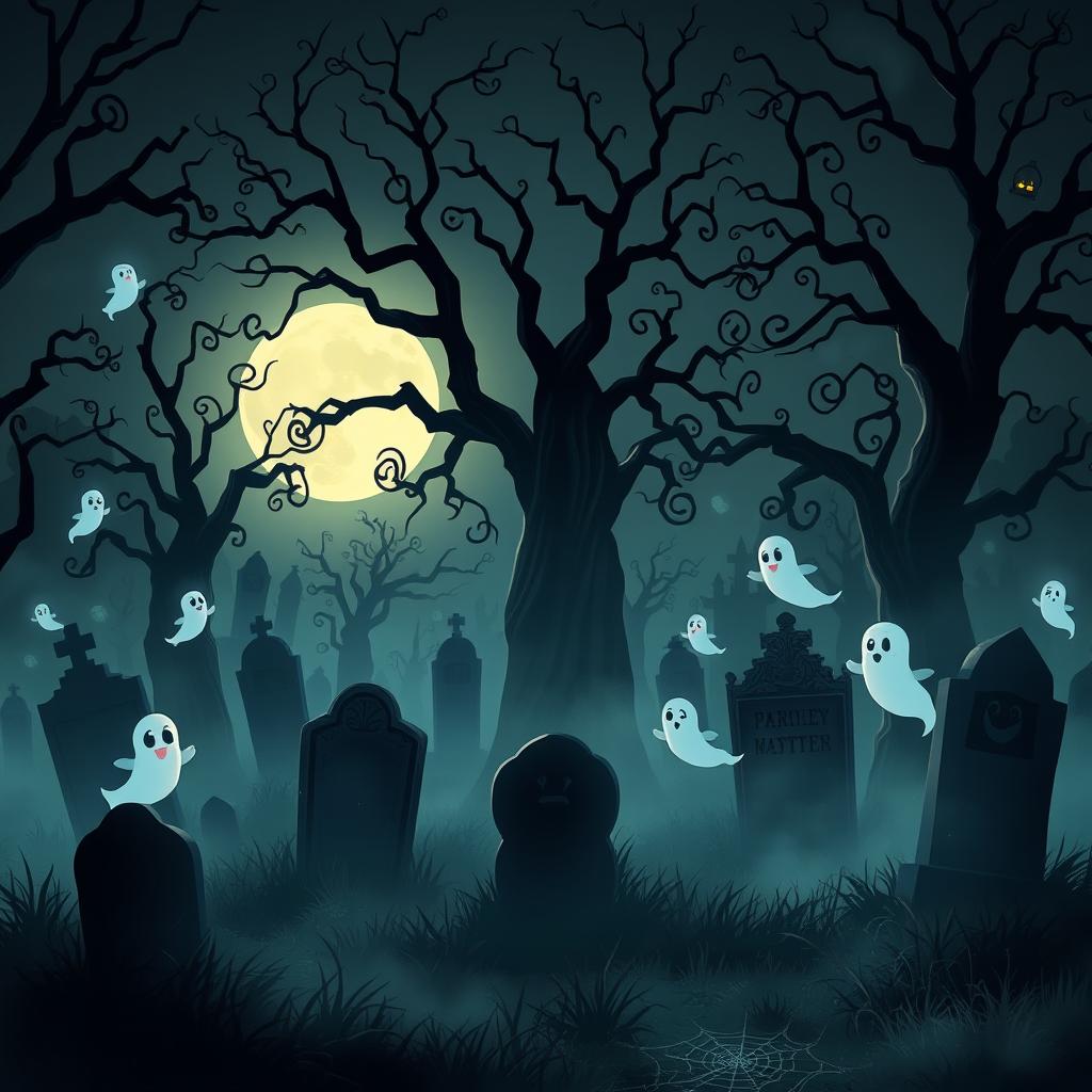 A dark and eerie animated cemetery with a Disney-like artistic style