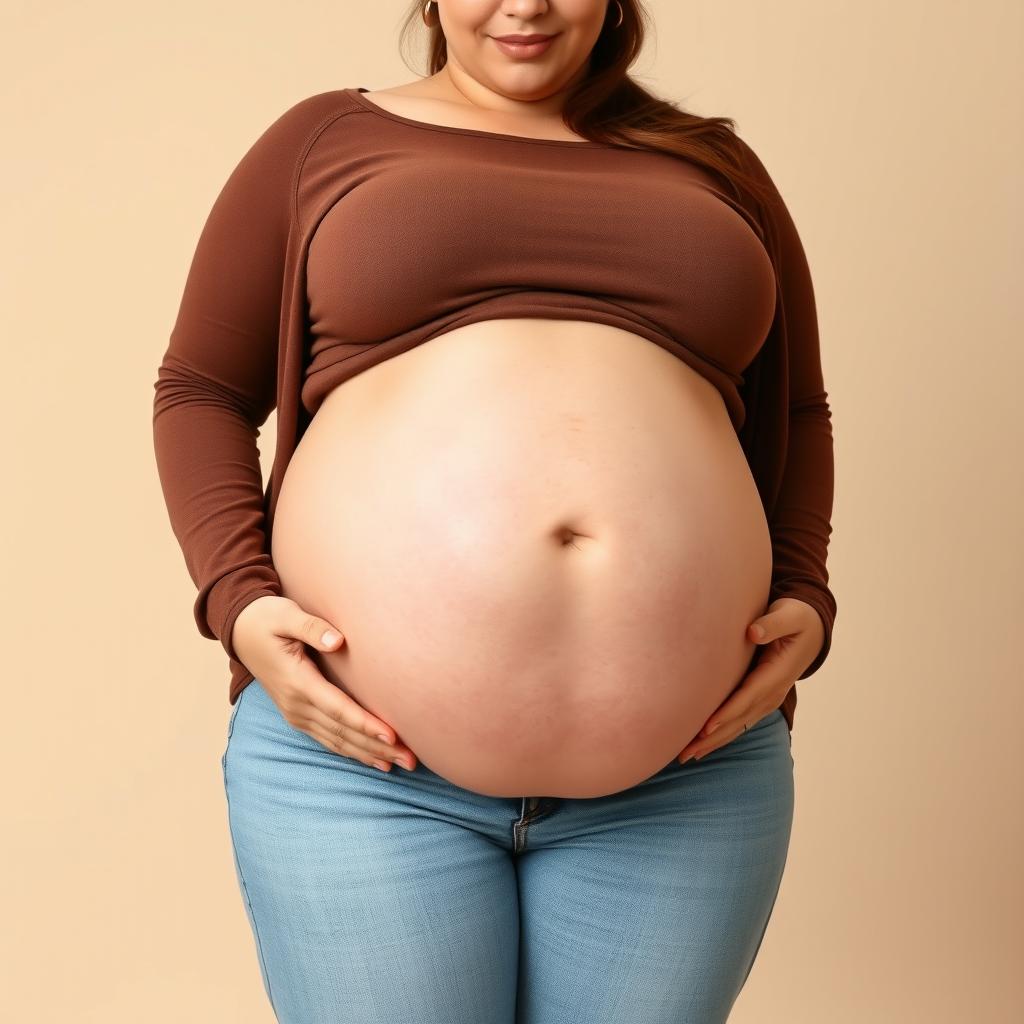 A front-facing view of a beautiful, plus-sized pregnant woman with a large pregnant belly, wide thighs, and large breasts