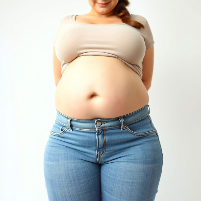 A front-facing view of a beautiful, plus-sized pregnant woman with a large pregnant belly, wide thighs, and large breasts