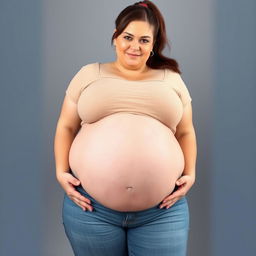 A front-facing view of a beautiful, plus-sized pregnant woman with a large pregnant belly, wide thighs, and large breasts