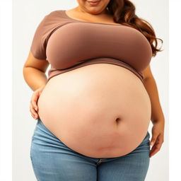 A front-facing view of a beautiful, plus-sized pregnant woman with a large pregnant belly, wide thighs, and large breasts