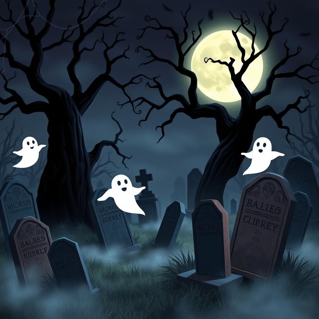 A dark and eerie animated cemetery with a Disney-like artistic style