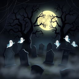 A dark and eerie animated cemetery with a Disney-like artistic style