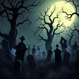 A dark and eerie animated cemetery with a Disney-like artistic style