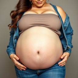 A front-facing view of a beautiful, plus-sized pregnant woman with mega wide thighs, a large, smooth, and attractive belly, and generous breasts