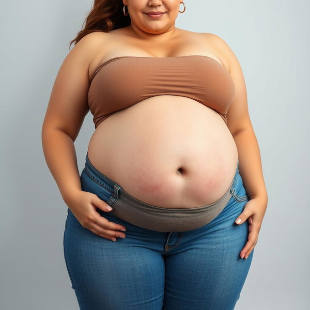 A front-facing view of a beautiful, plus-sized pregnant woman with mega wide thighs, a large, smooth, and attractive belly, and generous breasts