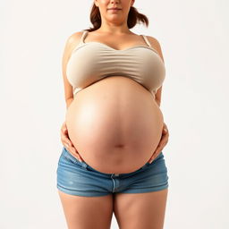 A front-facing view of a beautiful, plus-sized pregnant woman with mega wide thighs, a large, smooth, and attractive belly, and generous breasts