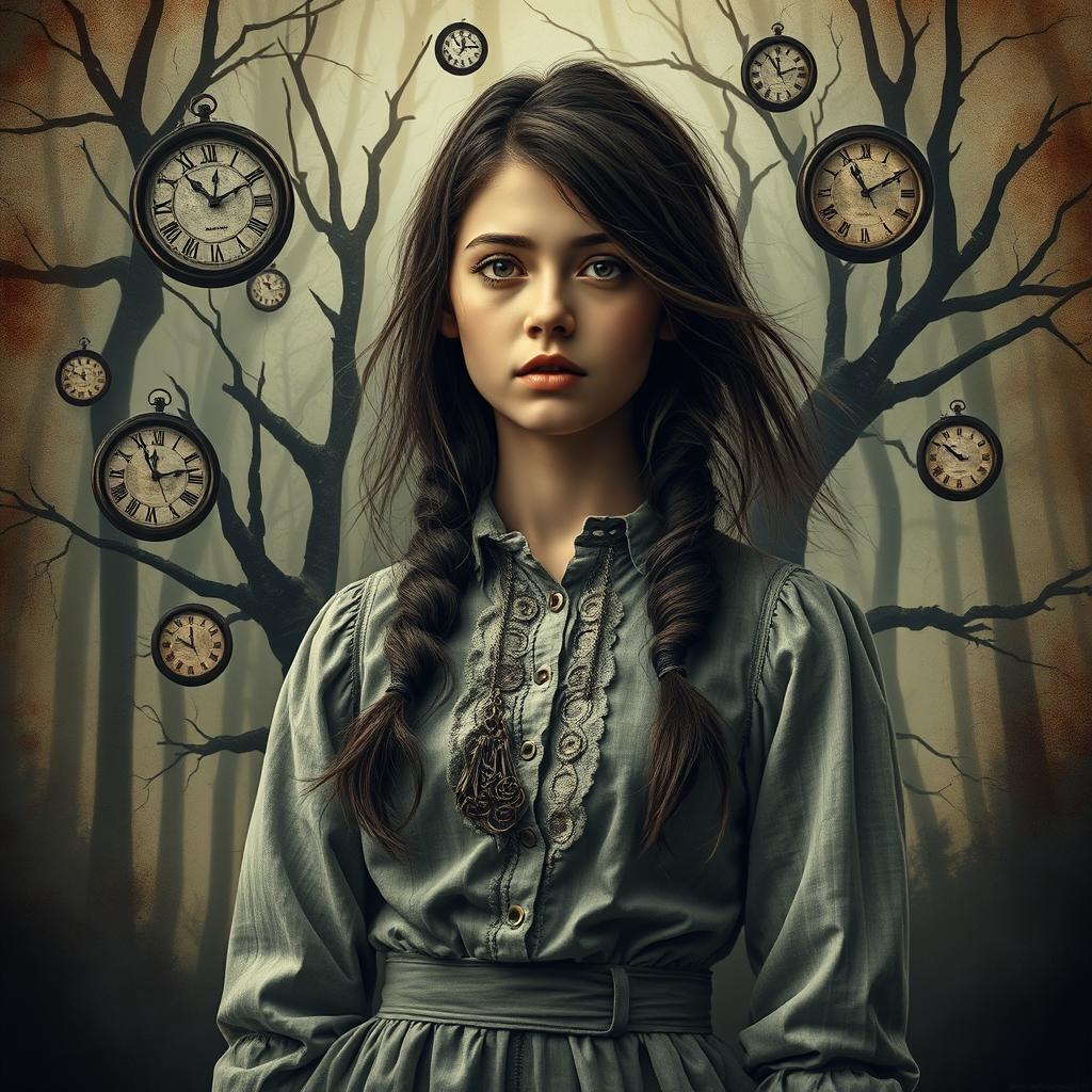 A captivating novel cover featuring a young woman with a pensive expression, dressed in vintage clothing