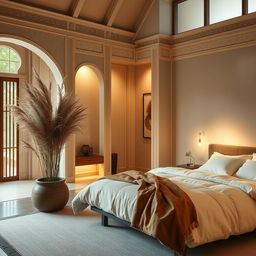 A beautiful Japandi-style bedroom showcasing a tranquil and intricately detailed design