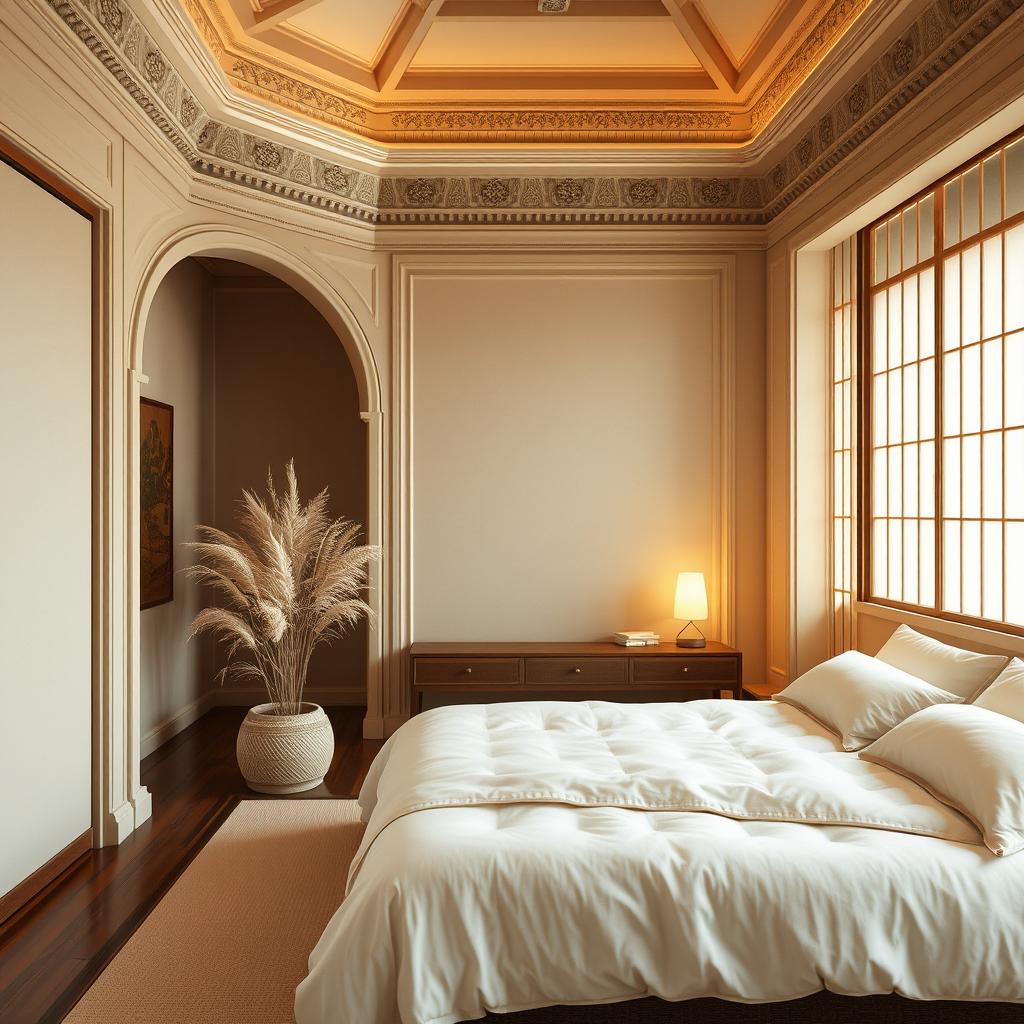 A beautiful Japandi-style bedroom showcasing a tranquil and intricately detailed design